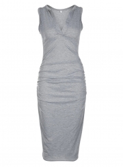 Grey Sleeveless V Neck Solid Color Bodycon Maxi Dress