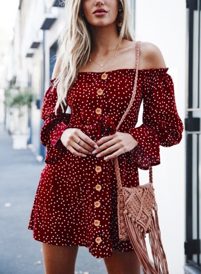 Red Off Shoulder Long Sleeve Polka Dot Bow Button Down Mini Dress