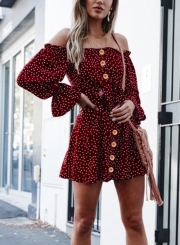 Red Off Shoulder Long Sleeve Polka Dot Bow Button Down Mini Dress