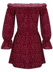 Red Off Shoulder Long Sleeve Polka Dot Bow Button Down Mini Dress