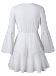 White V Neck Lantern Sleeve Waist Drawstring Ruffle Mini Dress