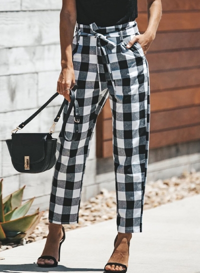 Casual High Waist Tie Waist Plaid Pants With Pockets