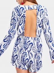 Blue Floral Print V Neck Long Sleeve Backless Wide Leg Romper With Drawstring