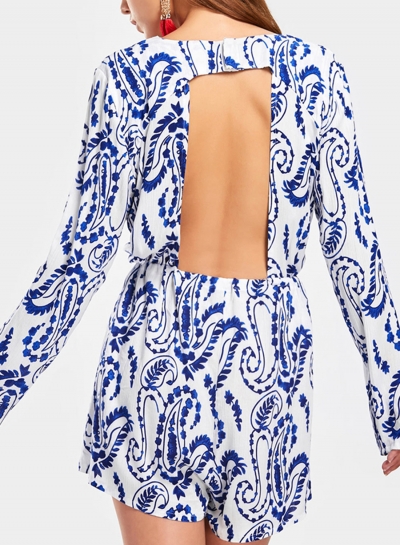 Blue Floral Print V Neck Long Sleeve Backless Wide Leg Romper With Drawstring zecalaba.com