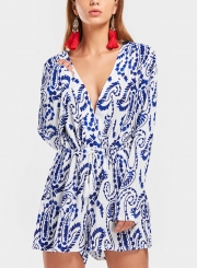 Blue Floral Print V Neck Long Sleeve Backless Wide Leg Romper With Drawstring