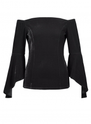 Black Women's Off Shoulder Flare Sleeve Slim Solid Color Pullover Blouse