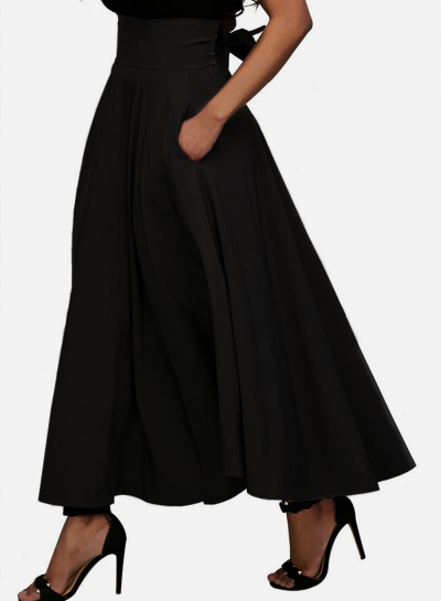 Black Solid High Waist Pockets Bow Tie Pleated Swing Long Skirts YOYOTSHOP.com