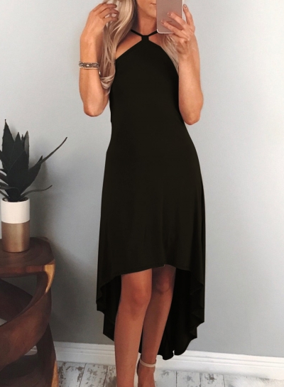 Black Women's Fashion Sexy Solid Irregular Halter Off The Shoulder Midi Dress YOYOTSHOP.com