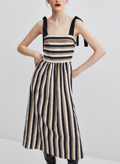 Coffee Casual Striped Strappy Bow Tie Backless High Waist A-line Dress zecalaba.com