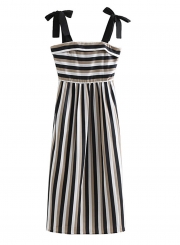 Coffee Casual Striped Strappy Bow Tie Backless High Waist A-line Dress