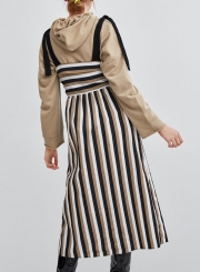 Coffee Casual Striped Strappy Bow Tie Backless High Waist A-line Dress