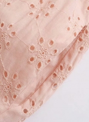 Pink Summer V Neck Long Sleeve Hollow Out Loose Solid Color Dress