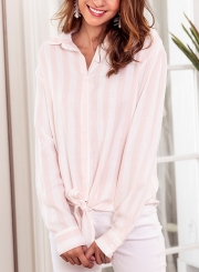 Pink Striped Turn-Down Collar Long Sleeve Bow Tie Loose Button Down Shirt