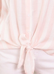 Pink Striped Turn-Down Collar Long Sleeve Bow Tie Loose Button Down Shirt