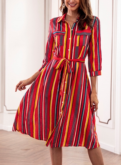 Red Striped Turn-Down Collar Waist Tie Button Down Maxi Dress With Pockets