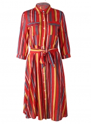 Red Striped Turn-Down Collar Waist Tie Button Down Maxi Dress With Pockets