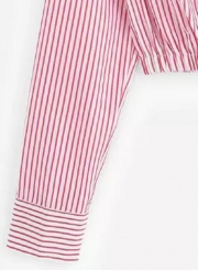 Casual Pink Striped Long Sleeve Button Down Crop Top Shirt