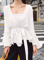 White Chiffon Deep V Neck Flare Sleeve Loose Blouse With Belt