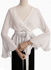 White Chiffon Deep V Neck Flare Sleeve Loose Blouse With Belt