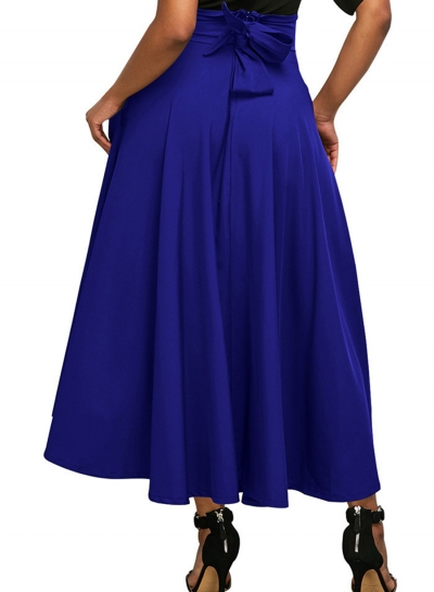 Blue Solid High Waist Pockets Bow Tie Pleated Swing Long Skirts YOYOTSHOP.com