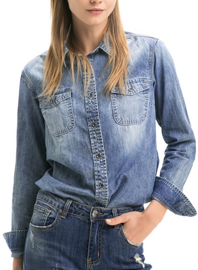 Casual Button Down Faded Denim Shirt