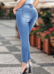 Destroyed Ripped Distressed Beading Design Ankle Length Jeans