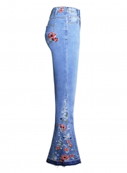 Blue Slim Embroidered Faded Flared Jeans