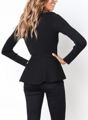 Black Casual Round Neck Long Sleeve Full Zip Slim Blouse