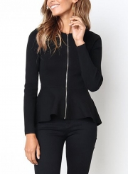 Black Casual Round Neck Long Sleeve Full Zip Slim Blouse