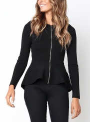 Black Casual Round Neck Long Sleeve Full Zip Slim Blouse