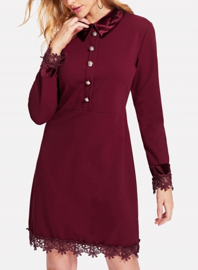 Burgundy Lapels Lace Hem Slim Button Down Dress