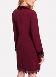 Burgundy Lapels Lace Hem Slim Button Down Dress