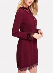 Burgundy Lapels Lace Hem Slim Button Down Dress