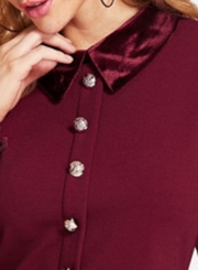 Burgundy Lapels Lace Hem Slim Button Down Dress