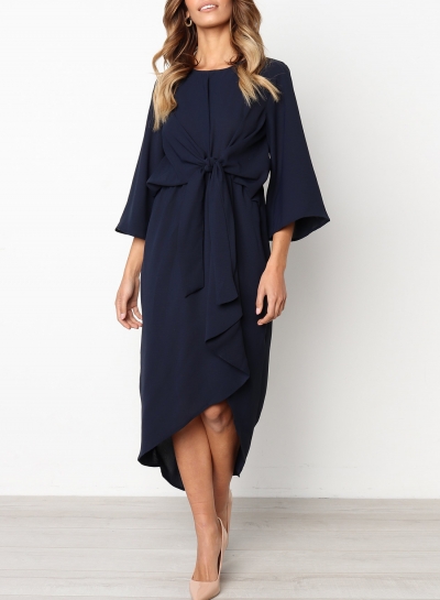 Navy Waist Bow Design Irregular High Low Dress