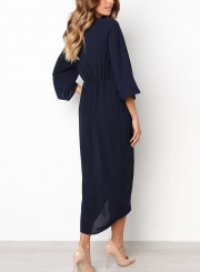 Navy Waist Bow Design Irregular High Low Dress