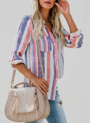 Multi Casual Striped Turn-Down Collar Long Sleeve Loose Button Down Shirt