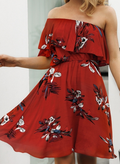 Red Women's Sexy Boho Floral Printed One Shoulder Elastic Waist Midi Dress zecalaba.com