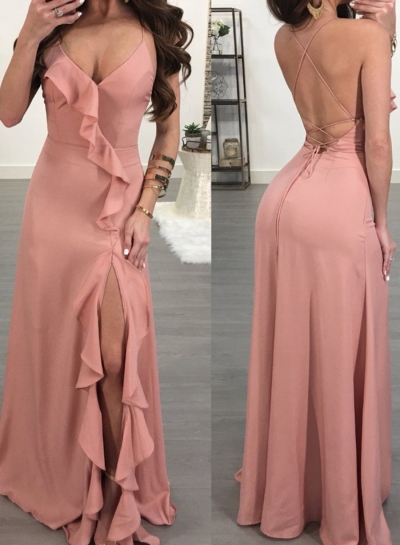 Pink Spaghetti Strap Backless High Slit Evening Dress