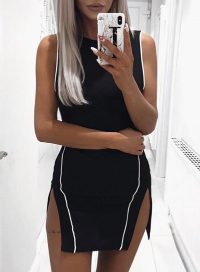 Black Sleeveless Round Neck Slim Mini Dress