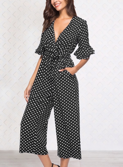 Black V Neck Half Sleeve Wide Leg Polka Dot Jumpsuit With Pockets lonhooker.com