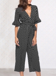 Black V Neck Half Sleeve Wide Leg Polka Dot Jumpsuit With Pockets