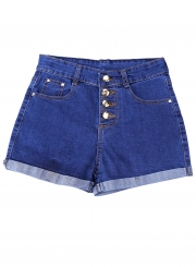 High Waist Single-Breasted Rolled-Up Denim Shorts With Pockets