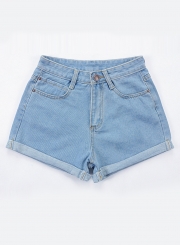 High Waist Wide Leg Rolled-Up Loose Denim Shorts With Pockets