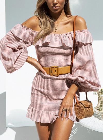 Pink Striped Off Shoulder Lantern Sleeve High Waist Ruffle Bodycon Mini Dress