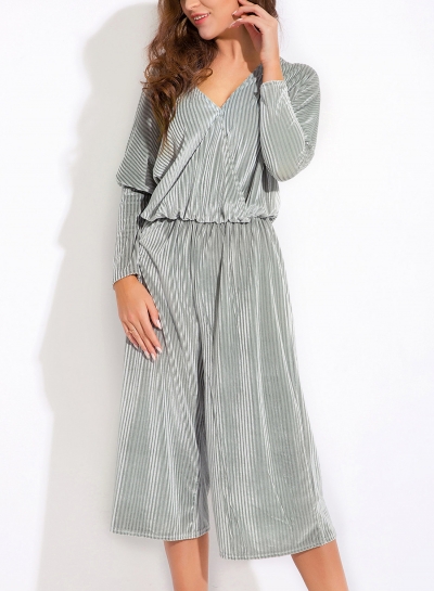 Grey V Neck Long Sleeve Elastic Waist Wide Leg Solid Color Velvet Jumpsuit