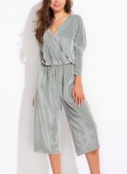 Grey V Neck Long Sleeve Elastic Waist Wide Leg Solid Color Velvet Jumpsuit