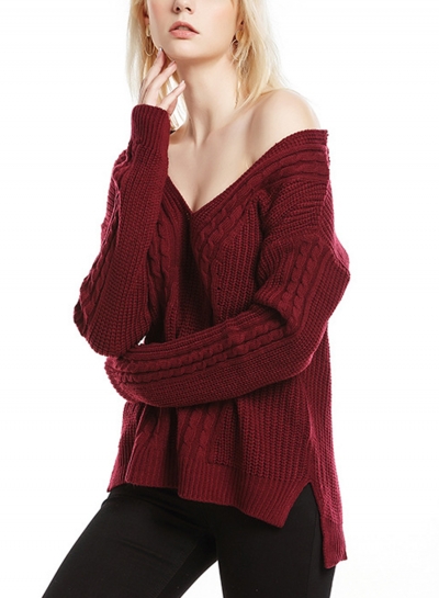 Burgundy Womne's V Neck Long Sleeve Loose Solid Color Pullover Sweater zecalaba.com