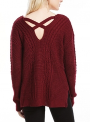 Burgundy Womne's V Neck Long Sleeve Loose Solid Color Pullover Sweater