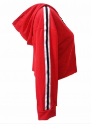 Red Casual Striped Long Sleeve Crop Top Loose Short Hoodie With Drawstring